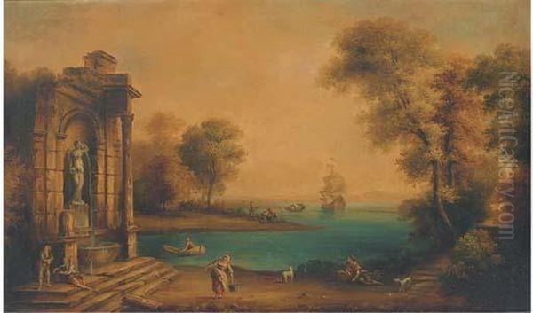 A Coastal Landscape With Shipping And Figures By A Classicalfountain Oil Painting by Claude Lorrain (Claude Gellee)