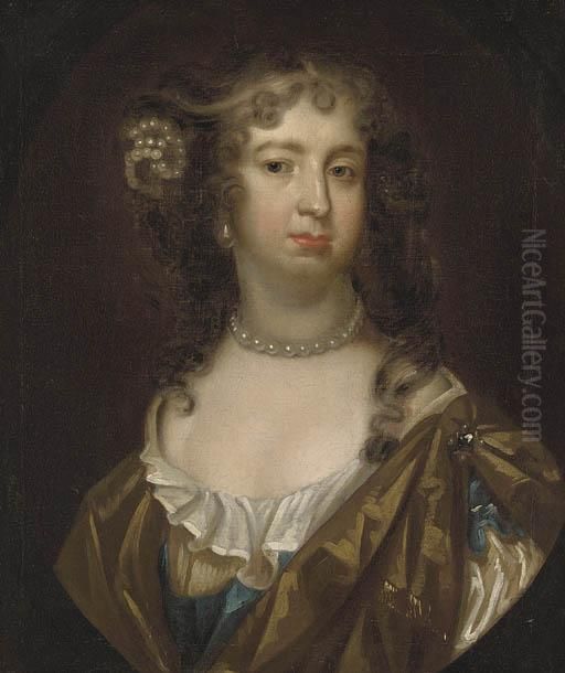 Portrait Of A Lady, Possibly 
Barbara Villiers, Countess Ofcastlemaine, Bust Length With A Pearl 
Necklace In A Feignedoval Oil Painting by Sir Peter Lely