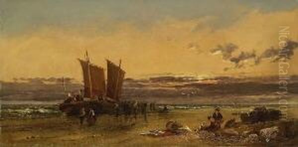 Fischer Mit Ihren Booten Am
 Strand. Oil Painting by Arthur Joseph Meadows