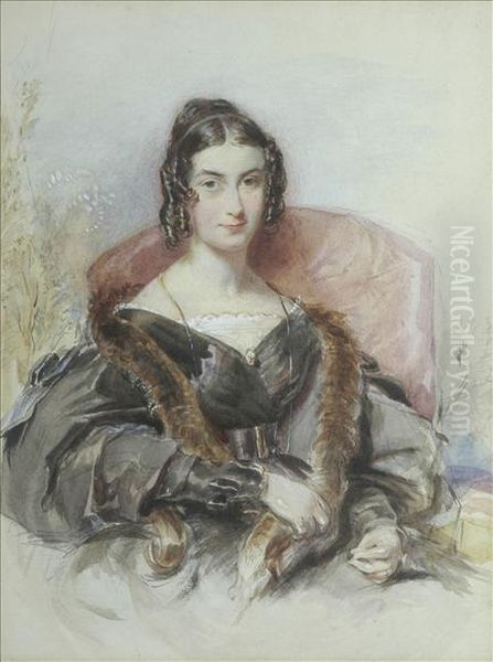 Portraitof A Young Woman, 
Half-length, Her Hair In Ringlets, Seated In Achair, Wearing Fur Trimmed
 Brown Coat Oil Painting by George Richmond
