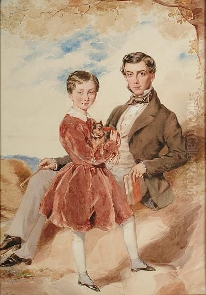 Portrait Of Two Brothers With A Dog Oil Painting by George Richmond