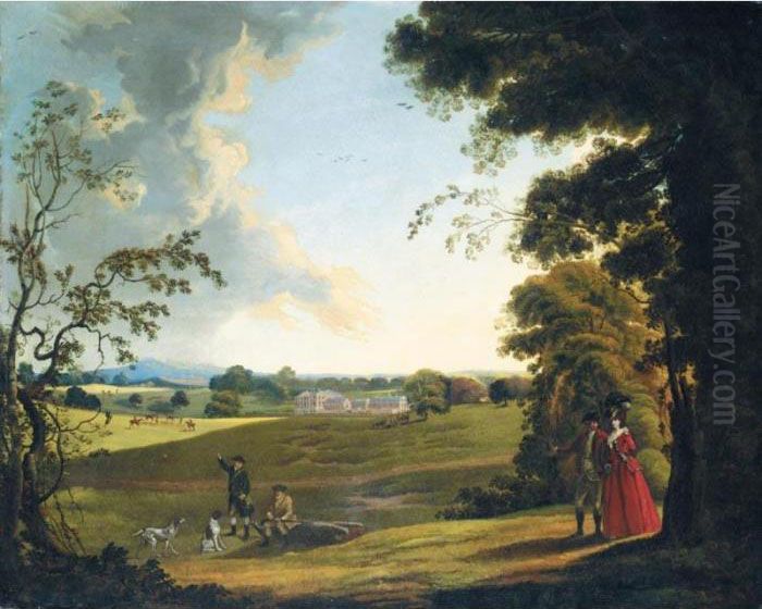 A View Of A Country Estate, 
Traditionally Identified As Waldershare Park, Kent, With An Elegant 
Couple Walking In The Foreground Oil Painting by Paul Sandby