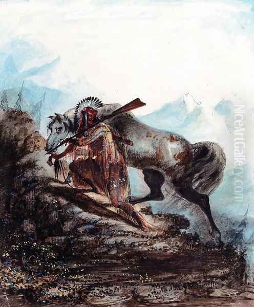 An Indian with the Scalp Lock of His Enemy Oil Painting by Alfred Jacob Miller