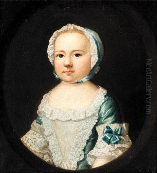 Portrait Of The Hon. Caroline 
Curzon, Daughter Of The 1st Baron Scarsdale, When A Child, Half Length, 
Wearing A Blue Silk Dress And A White Lace Cap Oil Painting by Josepf Wright Of Derby