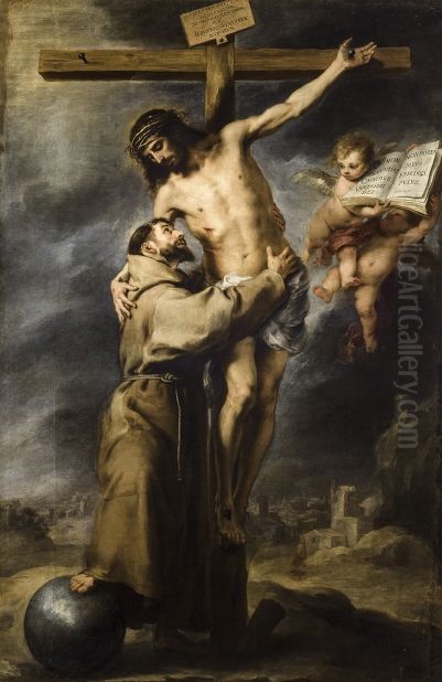 Saint Francis embracing Christ on the Cross Oil Painting by Bartolome Esteban Murillo