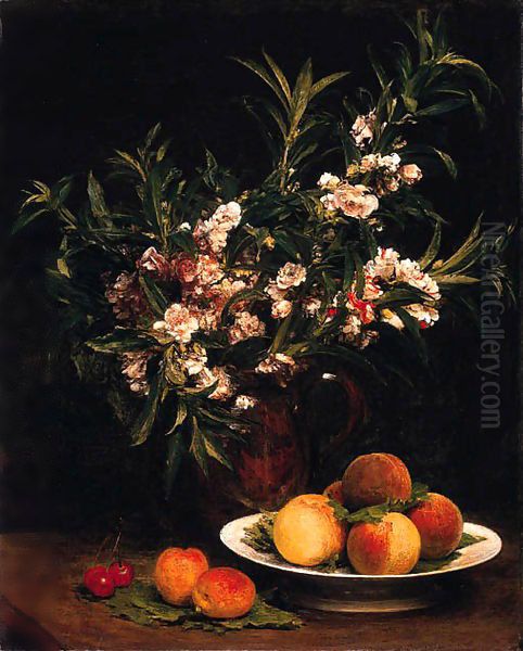 Nature morte (balsamines, p&ecirc;ches et abricots) Oil Painting by Ignace Henri Jean Fantin-Latour