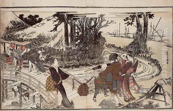 Village by a Bridge Oil Painting by Katsushika Hokusai