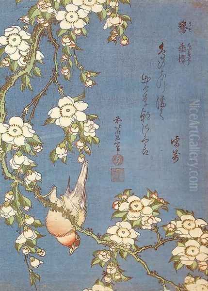 Weeping Cherry and Bullfinch Oil Painting by Katsushika Hokusai