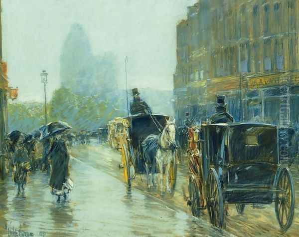 Horse-Drawn Cabs at Evening, New York Oil Painting by Childe Hassam