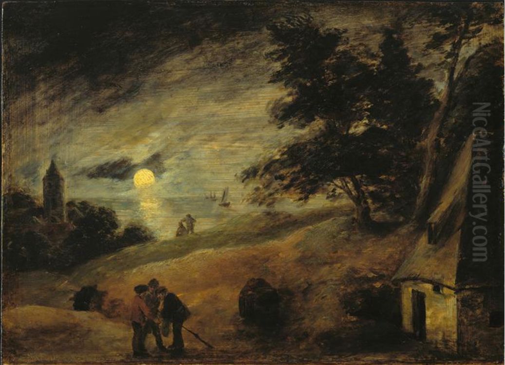 Dune Landscape by Moonlight Oil Painting by Adriaen Brouwer