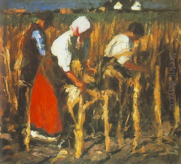 Corn Huskers 1917 Oil Painting by Jeno Remsey