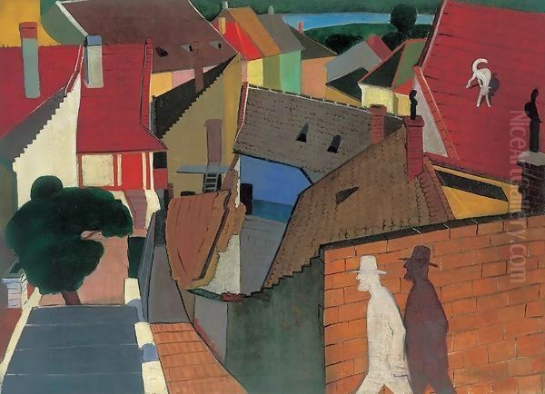 Roofs at Szentendre 1930s Oil Painting by George Loftus Noyes