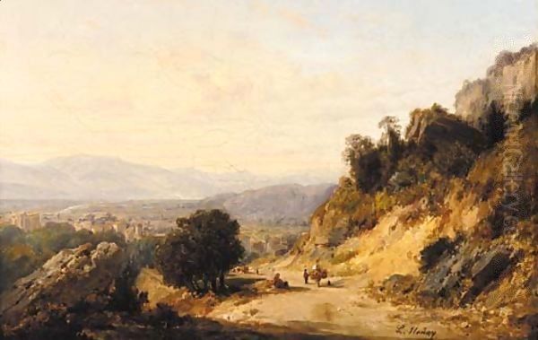 Figures on a mountain track, a town beyond Oil Painting by Francois-Antoine-Leon Fleury