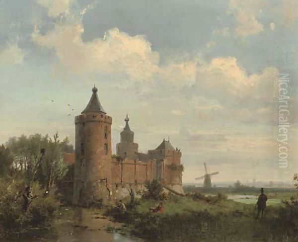 Observing fishermen outside Abcouder Slot Oil Painting by Hermanus Koekkoek