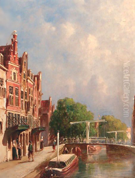 Figures on a sunlit quay with drawbridges over a canal Oil Painting by Pieter Gerard Vertin