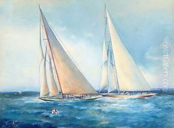 Shamrock (V) and Enterprise on an upwind leg Oil Painting by William Coulter
