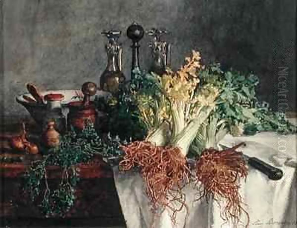 Still Life on Kitchen Table with Celery, Parsley, Bowl and Cruets Oil Painting by Leon Bonvin