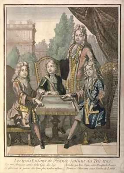 The Grandchildren of Louis XIV (1638-1715) of France Playing Backgammon, Louis the Duke of Burgundy (d.1712) Philip, Duke of Anjou (1683-1746) and Charles, Duke of Berry, with their father, Louis, Dauphin of France (d.1711) Oil Painting by Nicolas Bonnart