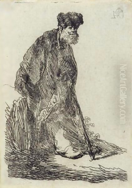 Man In A Cloak And Fur Cap Leaning Against A Bank Oil Painting by Harmenszoon van Rijn Rembrandt