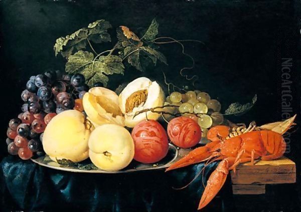 Still life of peaches, plums and black and green grapes on a silver plate Oil Painting by Jan Davidsz. De Heem