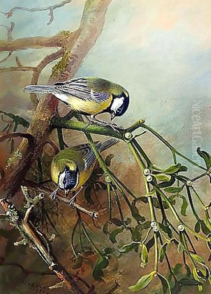 Blue Tits Oil Painting by Archibald Thorburn