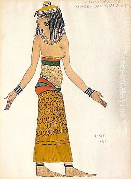 A Costume Design For One Of The Egyptian Slaves Of Menelas In 'Helene Of Sparte', 1912 Oil Painting by Leon Samoilovitch Bakst