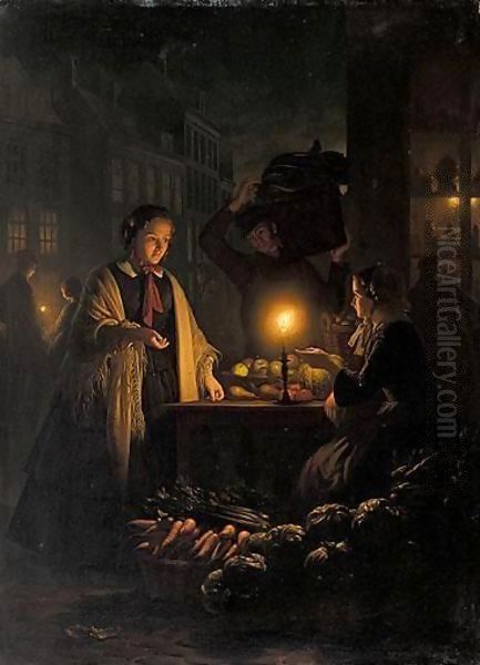 A Market By Moonlight Oil Painting by Petrus van Schendel