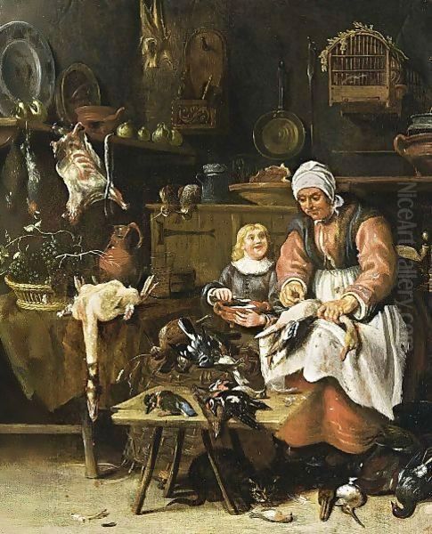 A Kitchen Interior With A Maid Plucking A Duck And A Little Boy Eating Porridge Oil Painting by Sybrand Van Beest