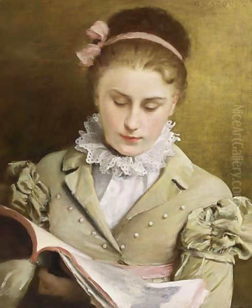 Attentive Reading Oil Painting by Jacquet Gustave