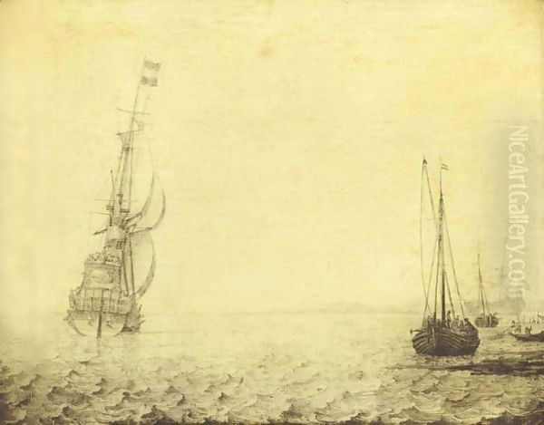 A Man-Of-War ('Aurora'), Together With Other Boats And Fishermen Hauling In Their Catch Oil Painting by Ludolf Backhuysen