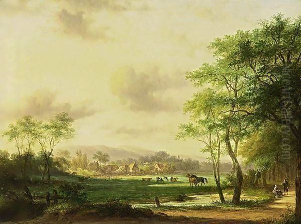 Travellers In A Wooded Summer Landscape Oil Painting by Jan Evert Morel