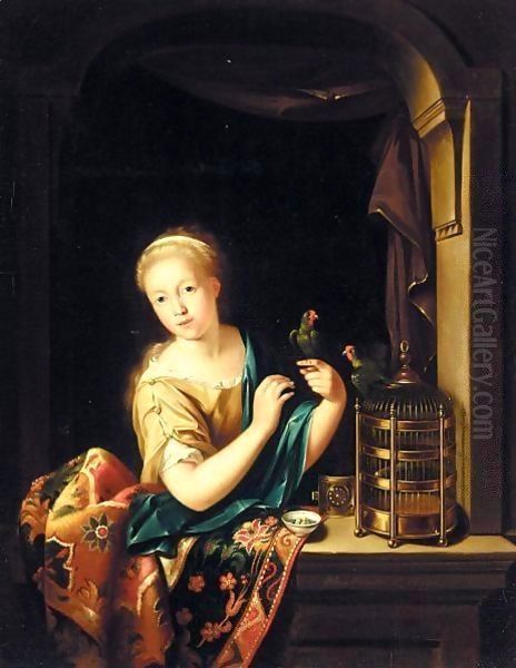 A Young Girl At A Window, Holding A Parrot Oil Painting by Willem Van Mieris Leiden