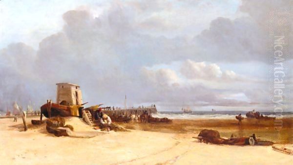 Fishermen Near The Jetty, Great Yarmouth Oil Painting by Thomas Lound