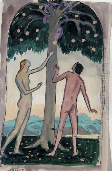 Adam And Eve Oil Painting by Roger Fry