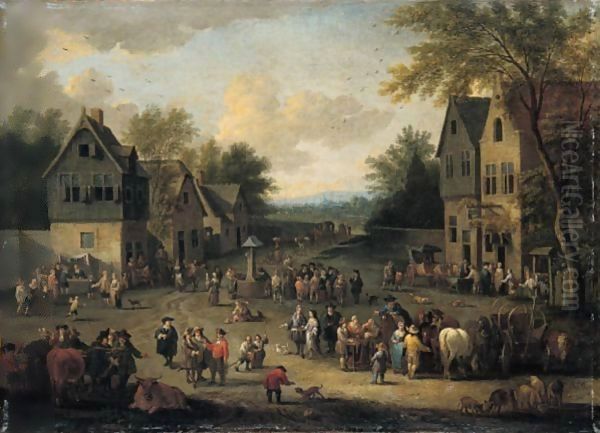 A Crowded Village Scene With Numerous Villagers And Animals Oil Painting by Adriaen Frans Boudewijns