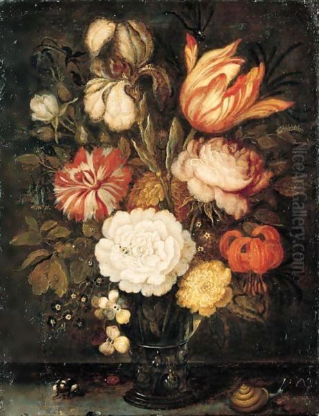 A Still Life With Roses, A Tulip, An Iris And Other Flowers Together In A Roemer On A Stone Ledge, With A Snail, A Bee And A Ladybird Oil Painting by Balthasar Van Der Ast