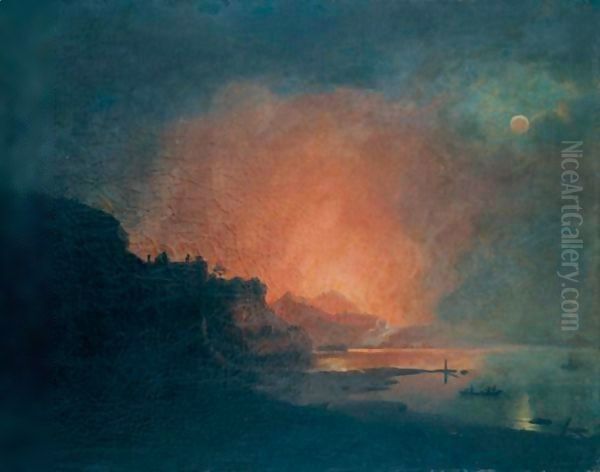 Vesuvius In Eruption Seen From Posillipo Oil Painting by Josepf Wright Of Derby