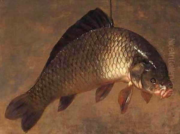 A Still Life With A Carp Hanging From A Piece Of String Oil Painting by Pieter de Putter