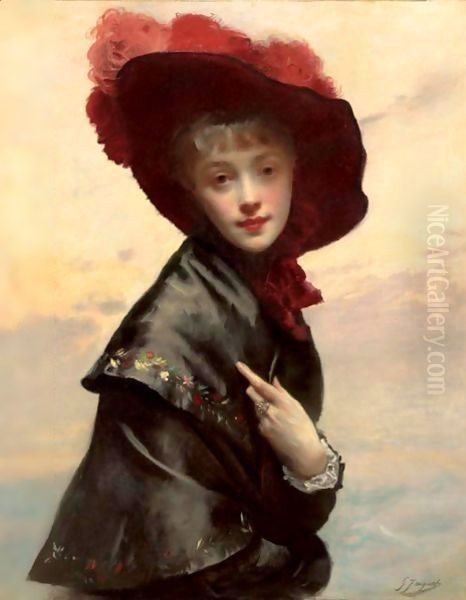 Portrait Of A Young Woman In A Black Hat And Red Feathers Oil Painting by Jacquet Gustave