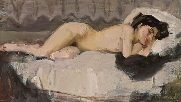 A Reclining Female Nude Oil Painting by Isaac Lazarus Israels