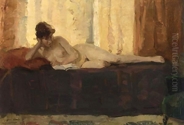 A Female Nude Reading On A Bed Oil Painting by Isaac Lazarus Israels