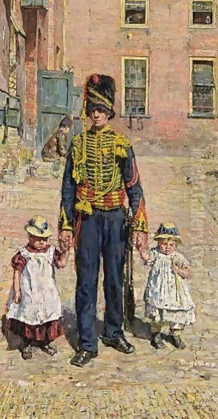 A Soldier With Two Children Oil Painting by Isaac Lazarus Israels