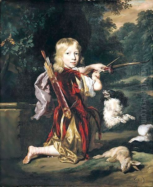 Portrait Of A Young Man, Full Length, Wearing A Red Tunic, And Holding A Bow And Arrow, With A Spaniel And A Hare Oil Painting by Nicolaes Maes