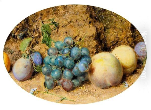 Still Life With Nectarines, Plums, Grapes And Forget-Me-Nots On A Mossy Bank Oil Painting by William Henry Hunt