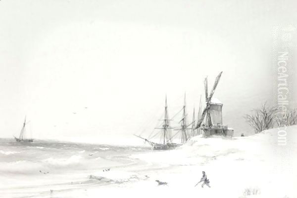 Coastal Scene With Windmill Oil Painting by Ivan Konstantinovich Aivazovsky