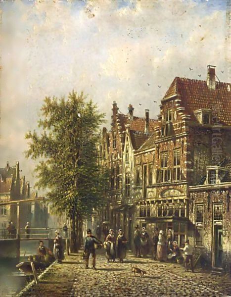 Villagers In The Streets Of A Dutch Town Oil Painting by Johannes Franciscus Spohler