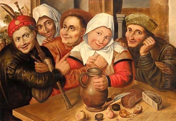 A Peasant Making Advances On A Woman, Other Peasants Gathered Around A Table With A Jug Of Wine, Fruit And Cheese Oil Painting by Jan Massys