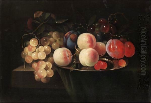 Still Life With Peaches, Cherries And Plums On A Pewter Plate Together With Bunches Of Grapes On A Stone Ledge Draped With A Green Cloth Oil Painting by Cornelis De Heem