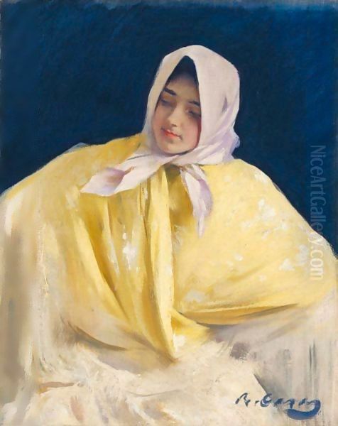 Chula Con Manton Amarillo (Girl With A Yellow Shawl) Oil Painting by Ramon Casas
