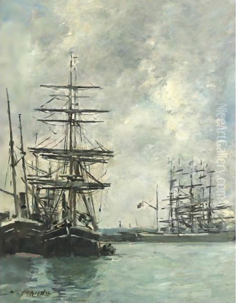 Bateaux A Quai Oil Painting by Eugene Boudin